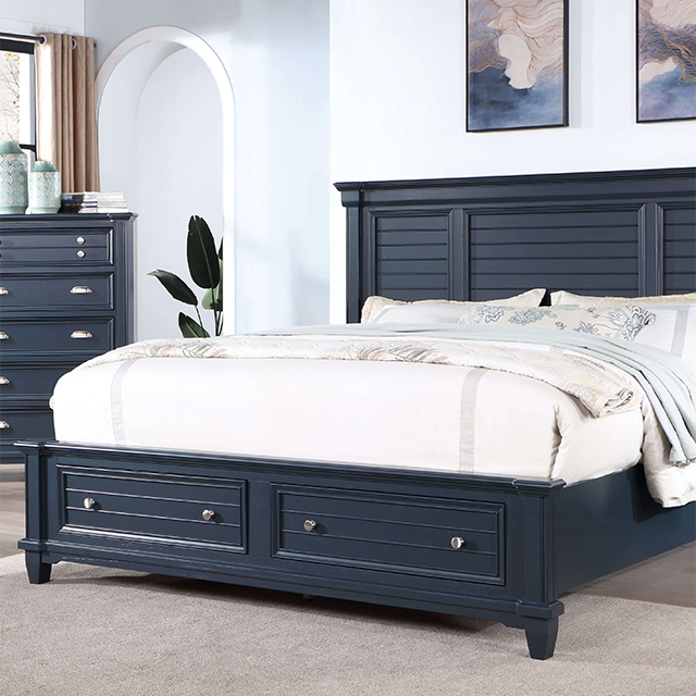 CM7470BL  Loon peak Manzanillo slate blue finsh wood paneled headboard queen bed with footboard drawers