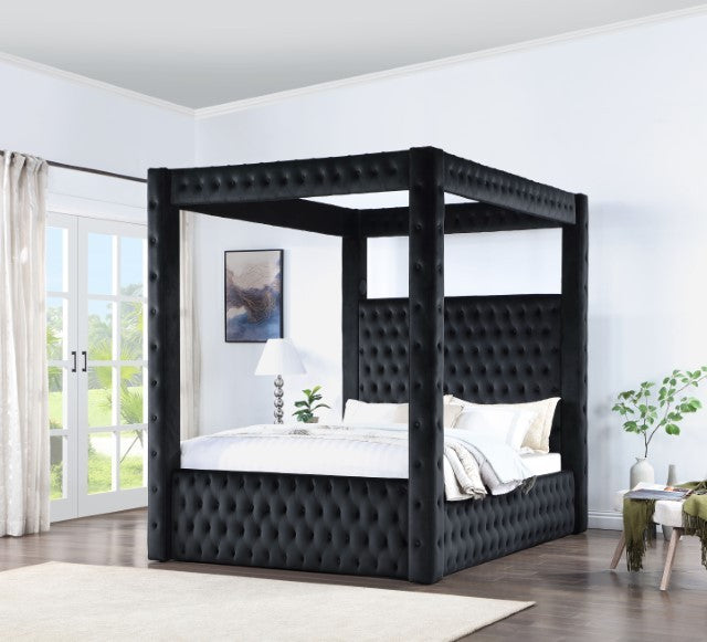 CM7482BK Etherea black flannelette fabric upholstered and tufted queen canopy bed with USB and Bluetooth speakers
