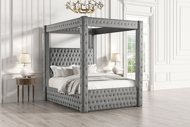 CM7482GY Etherea gray flannelette fabric upholstered and tufted queen canopy bed with USB and Bluetooth speakers