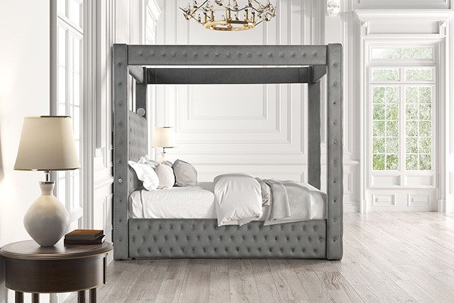 CM7482GY Etherea gray flannelette fabric upholstered and tufted queen canopy bed with USB and Bluetooth speakers