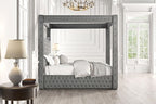 CM7482GY Etherea gray flannelette fabric upholstered and tufted queen canopy bed with USB and Bluetooth speakers