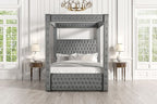 CM7482GY Etherea gray flannelette fabric upholstered and tufted queen canopy bed with USB and Bluetooth speakers