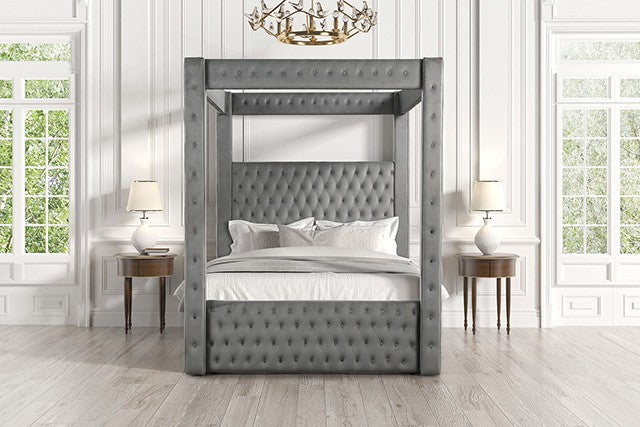 CM7482GY Etherea gray flannelette fabric upholstered and tufted queen canopy bed with USB and Bluetooth speakers