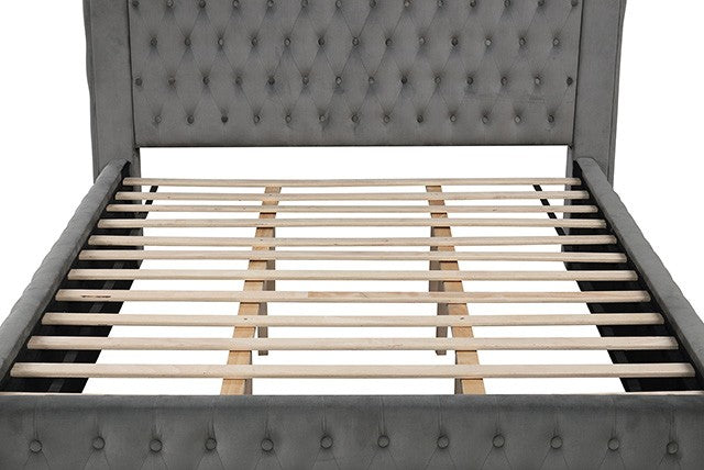 CM7482GY Etherea gray flannelette fabric upholstered and tufted queen canopy bed with USB and Bluetooth speakers