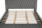 CM7482GY Etherea gray flannelette fabric upholstered and tufted queen canopy bed with USB and Bluetooth speakers