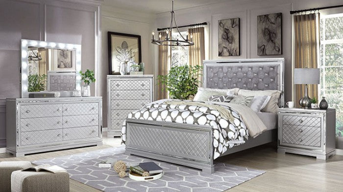 CM7518  4 pc Belleterre silver grey finish wood queen bedroom set with diamond pattern design and USB