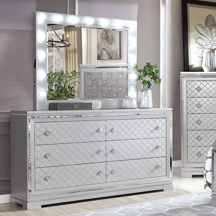 CM7518  4 pc Belleterre silver grey finish wood queen bedroom set with diamond pattern design and USB