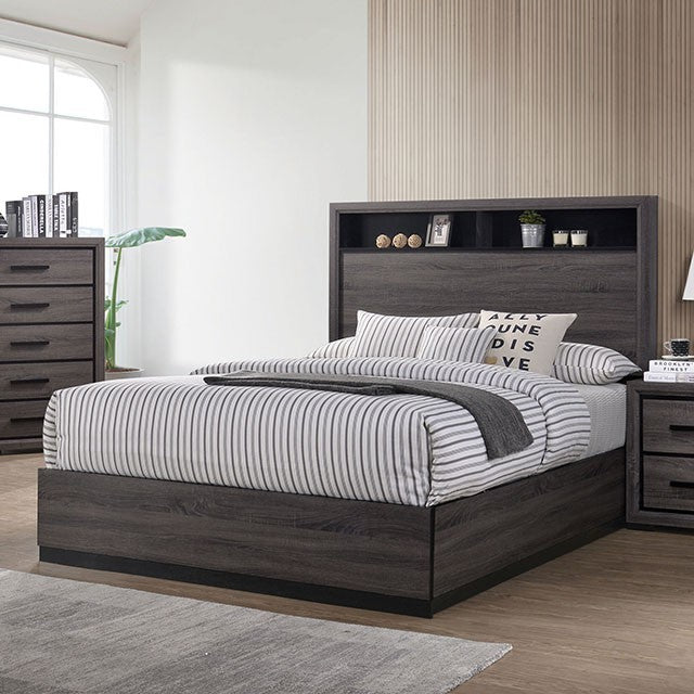 CM7549-Q Flemming conwy two tone black and grey finish wood queen bookcase headboard bed