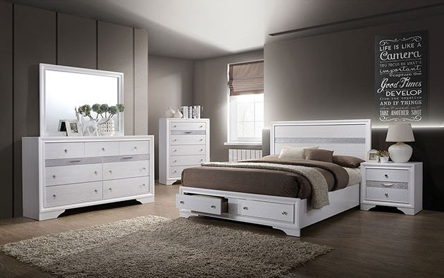 CM7552WH-4PC  4 pc Rosdorf park schramm chrissy white finish wood queen bed set with drawers in foot board