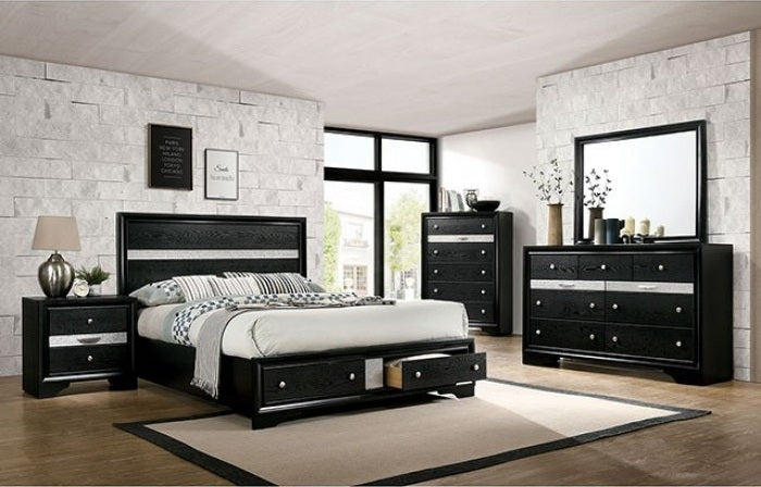 CM7552BK-4PC  4 pc Rosdorf park schramm chrissy black finish wood queen bed set with drawers in foot board