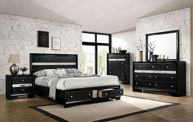 CM7552BK-4PC  4 pc Rosdorf park schramm chrissy black finish wood queen bed set with drawers in foot board