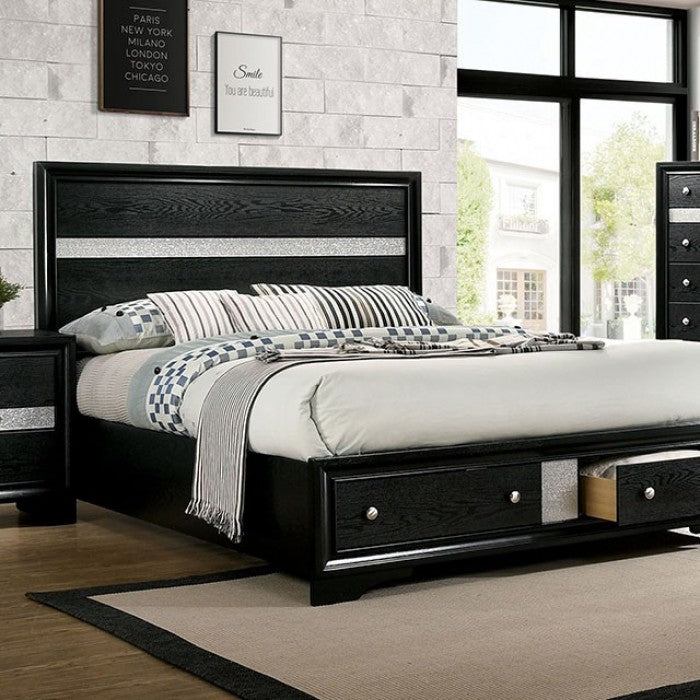 CM7552BK-4PC  4 pc Rosdorf park schramm chrissy black finish wood queen bed set with drawers in foot board