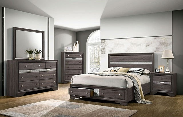 CM7552GY-4PC  4 pc Rosdorf park schramm chrissy grey finish wood queen bed set with drawers in foot board