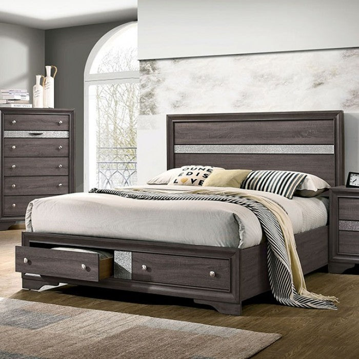 CM7552GY-4PC  4 pc Rosdorf park schramm chrissy grey finish wood queen bed set with drawers in foot board