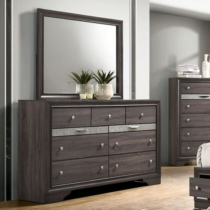 CM7552GY-4PC  4 pc Rosdorf park schramm chrissy grey finish wood queen bed set with drawers in foot board