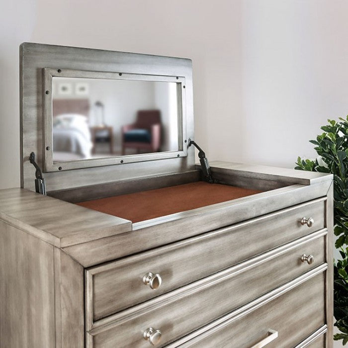 CM7556-C Daphne gray finish wood 5 drawer tall chest with flip top mirror and jewelry storage