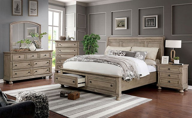 CM7568 4 pc Everly quinn gracie oaks Wells gray finish wood queen bed set with footboard drawers