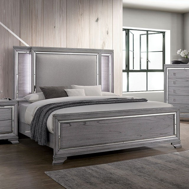 CM7579-4PC  4 pc Rosdorf park alanis LED light gray padded and tufted headboard queen bed