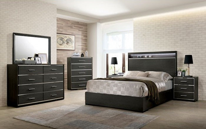 CM7589 4 pc Camryn warm gray finish wood bookcase LED lighting queen bedroom set USB plugs