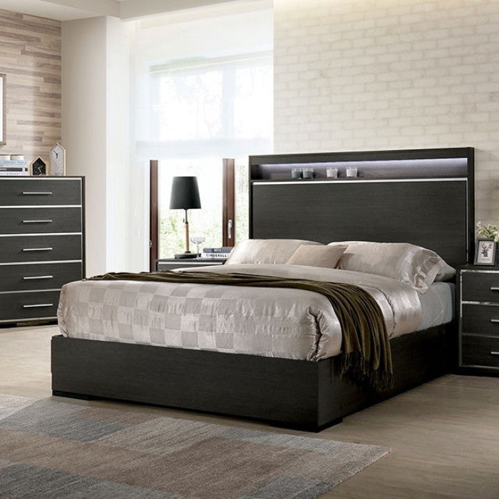 CM7589 4 pc Camryn warm gray finish wood bookcase LED lighting queen bedroom set USB plugs