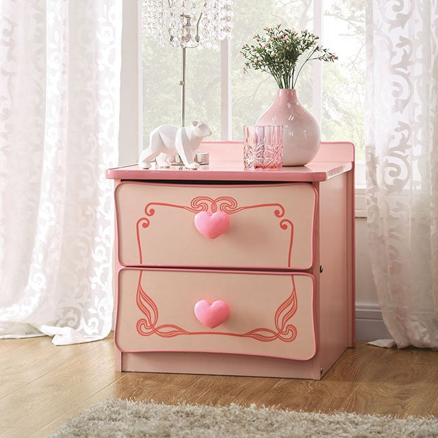 CM7631-N Hokku designs Arianna pink / light pink princess carriage design 2 drawer nightstand with Heart shaped handles