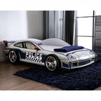 CM7640 Hokku designs poe police racing car style design twin size kids bed blue and white w/ LED lights