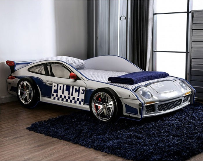 CM7640 Hokku designs poe police racing car style design twin size kids bed blue and white w/ LED lights