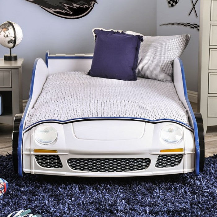CM7640 Hokku designs poe police racing car style design twin size kids bed blue and white w/ LED lights
