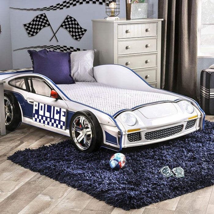 CM7640 Hokku designs poe police racing car style design twin size kids bed blue and white w/ LED lights