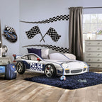 CM7640 Hokku designs poe police racing car style design twin size kids bed blue and white w/ LED lights