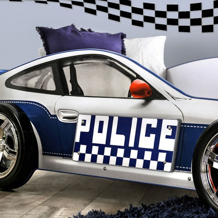 CM7640 Hokku designs poe police racing car style design twin size kids bed blue and white w/ LED lights