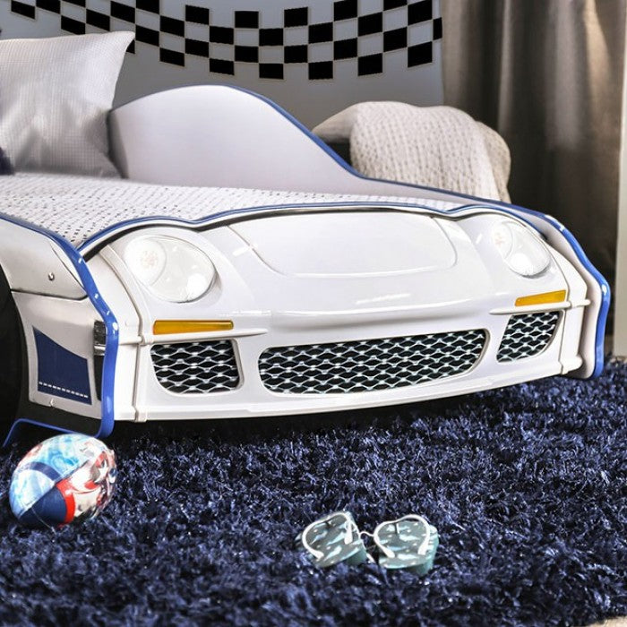 CM7640 Hokku designs poe police racing car style design twin size kids bed blue and white w/ LED lights