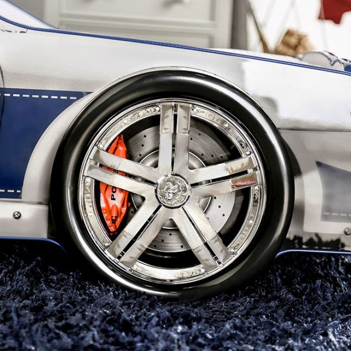 CM7640 Hokku designs poe police racing car style design twin size kids bed blue and white w/ LED lights