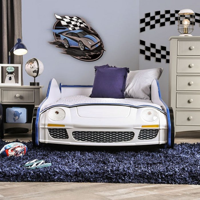 CM7640 Hokku designs poe police racing car style design twin size kids bed blue and white w/ LED lights