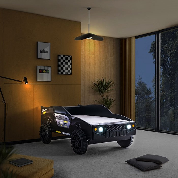 CM7641 Hokku designs speed jump raised racing car style design twin size kids bed w/ LED lights