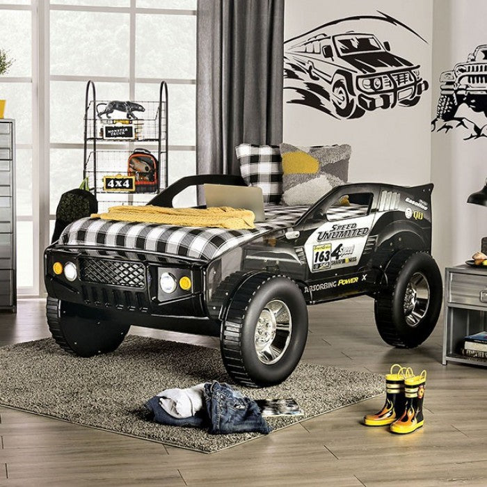 CM7641 Hokku designs speed jump raised racing car style design twin size kids bed w/ LED lights