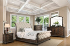 CM7663 4 pc Lark manor amad lysandra rustic natural tone finish wood queen fabric tufted sleigh bed set
