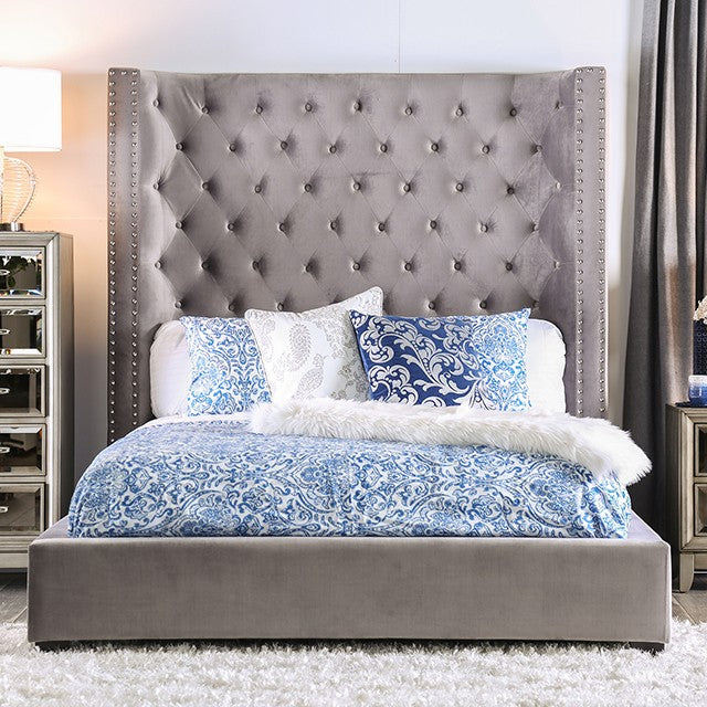 CM7669GY Willa arlo interiors Rosabelle high back grey velvet fabric tufted queen bed set with nail head trim