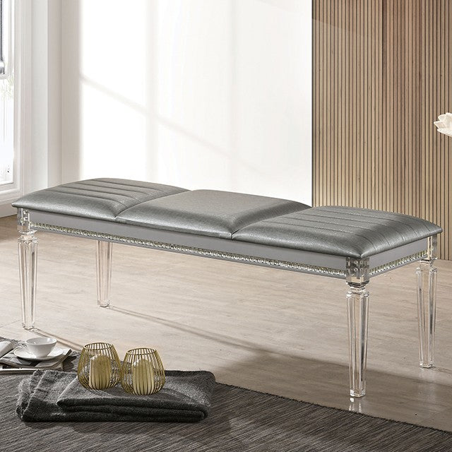 CM7899SV-BN Rosdorf park Maddie silver padded leatherette seat and clear acrylic legs bedroom bench