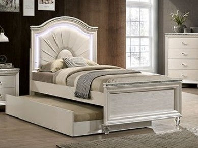 CM7901-T  Willa arlo interiors Allie pearl white fan pleated fabric and wood finish kids twin bed with LED light