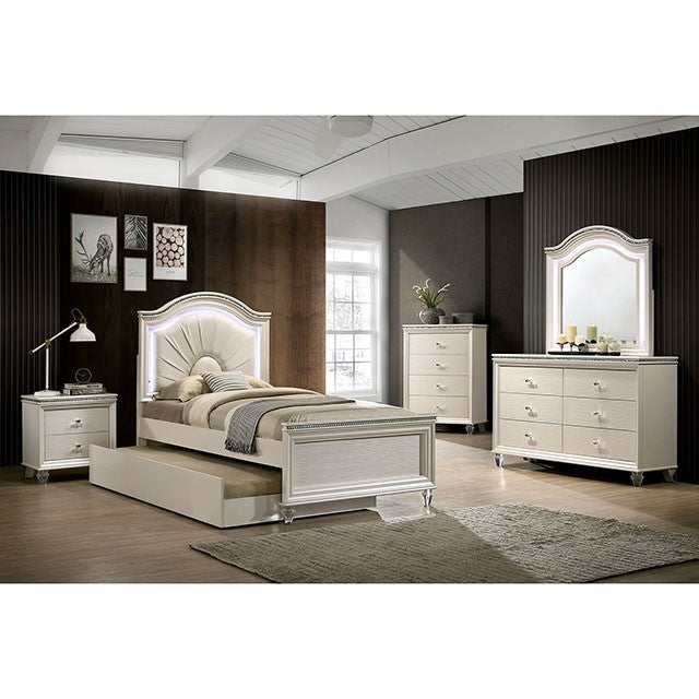CM7901-T  Willa arlo interiors Allie pearl white fan pleated fabric and wood finish kids twin bed with LED light