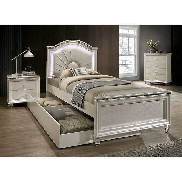 CM7901-T  Willa arlo interiors Allie pearl white fan pleated fabric and wood finish kids twin bed with LED light