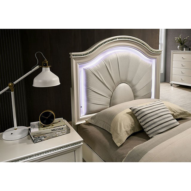 CM7901-T  Willa arlo interiors Allie pearl white fan pleated fabric and wood finish kids twin bed with LED light