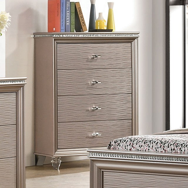 CM7901RG-C Rosdorf park Allie rose gold finish wood art deco design 4 drawer tall chest with acrylic legs and handles