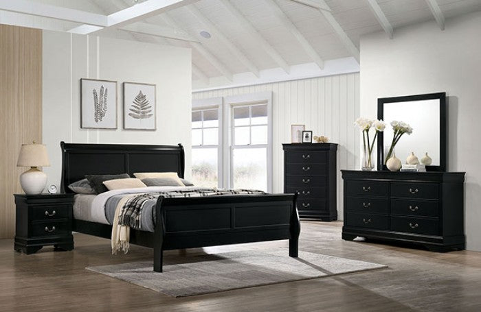 FM7866BK-4PC 4 pc Louis Phillipe black finish wood sleigh queen bedroom set
