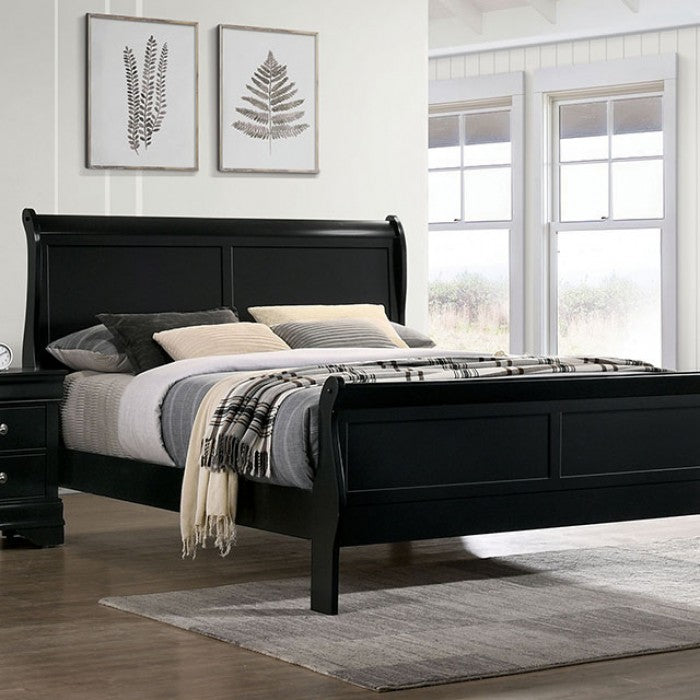 FM7866BK-4PC 4 pc Louis Phillipe black finish wood sleigh queen bedroom set