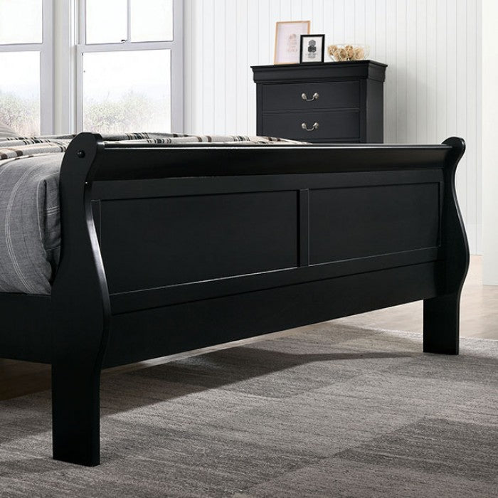 FM7866BK-4PC 4 pc Louis Phillipe black finish wood sleigh queen bedroom set