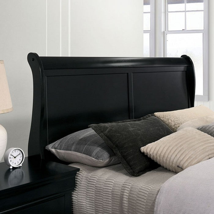 FM7866BK-4PC 4 pc Louis Phillipe black finish wood sleigh queen bedroom set