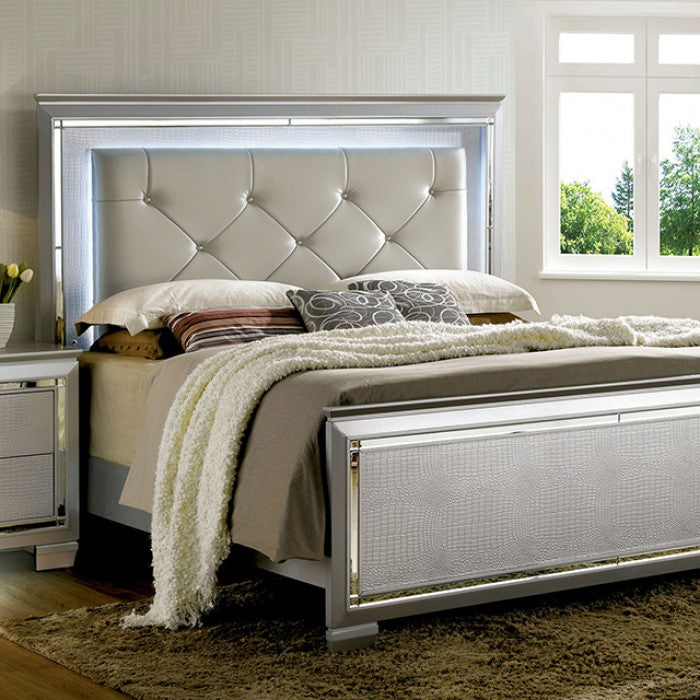 CM7979SV 4 pc Bellanova silver finish wood queen bed set with padded and tufted crocodile textured faux leather headboard