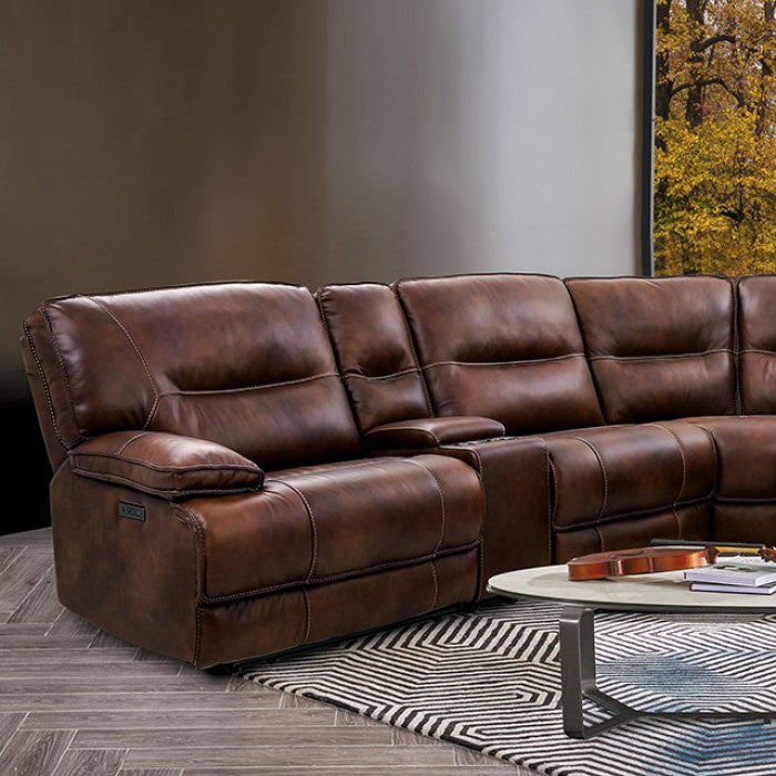CM9905 3 pc Darby home co louella brown top grain leather match sectional sofa with power motion recliner and headrest ends and USB chargers